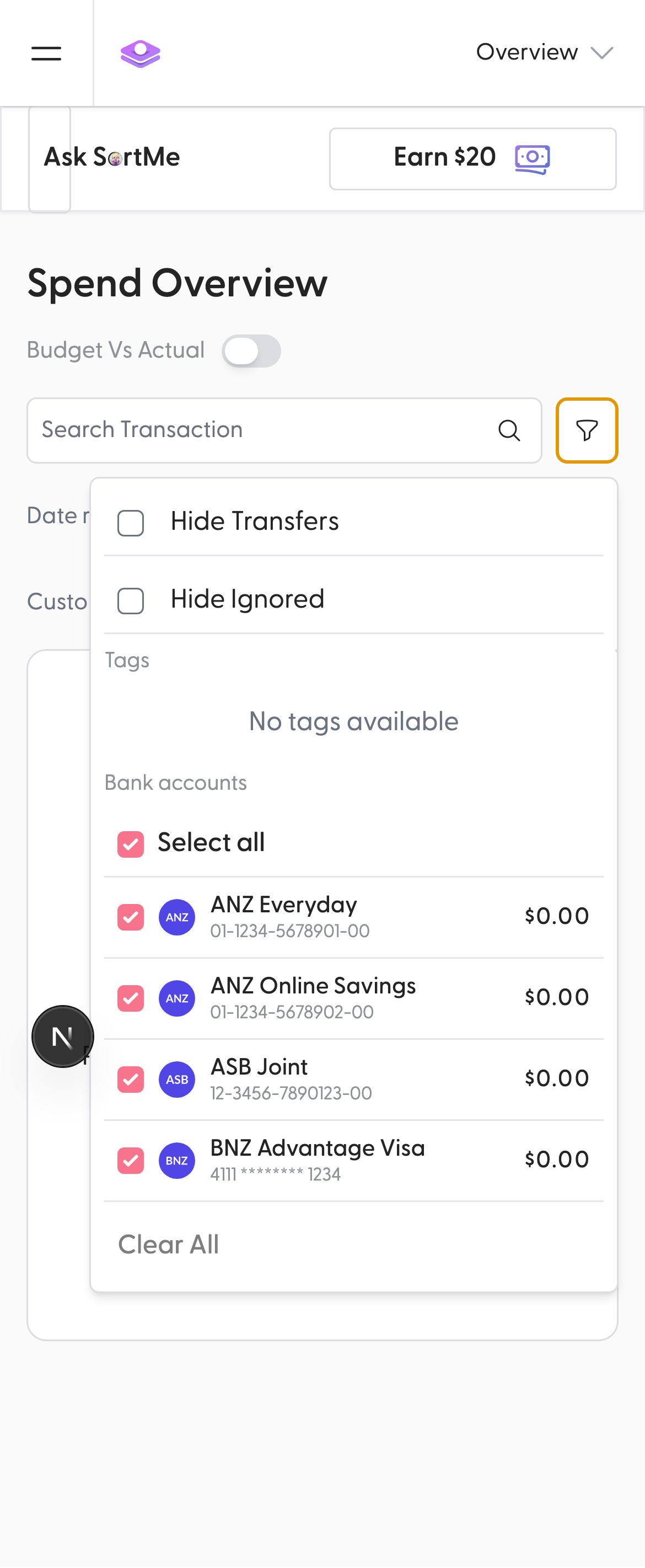 Filter by bank account